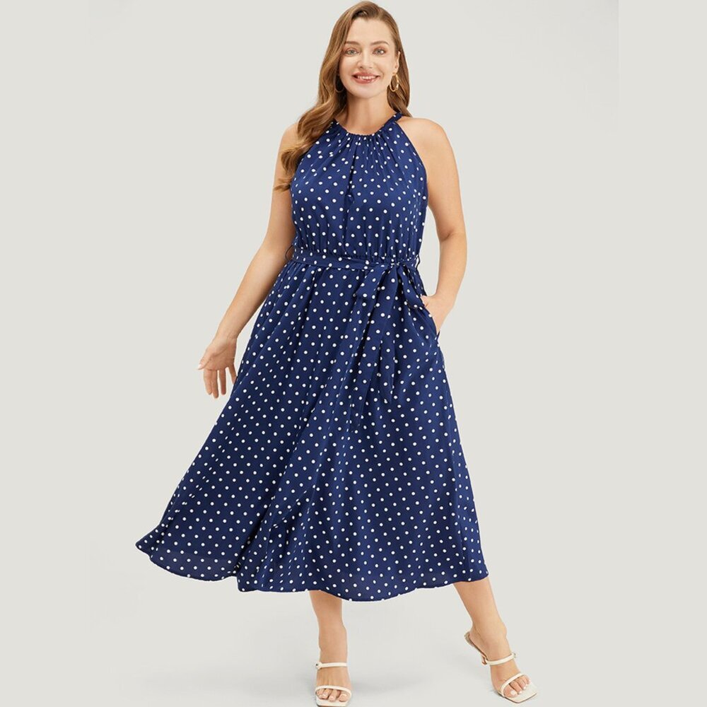 NWT BloomChic Dark Blue Polka Dot Gathered Belt Pocket Halter Flutter Hem Dress